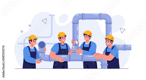 Plumbers working together installing pipes, teamwork, construction, service, industry concept