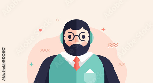 Stylized cartoon portrait of a man with beard, glasses, and headphones