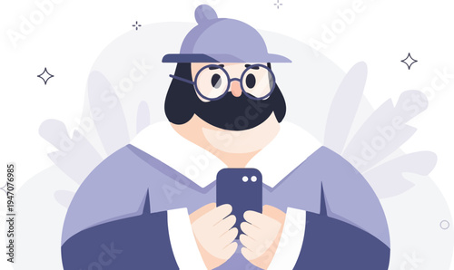 Stylized character wearing hat and glasses, holding a phone