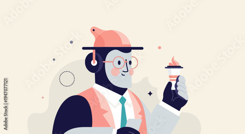 Stylized person in suit with headphones and ice cream