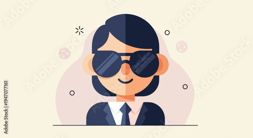 Stylized person in sunglasses and suit, with abstract elements