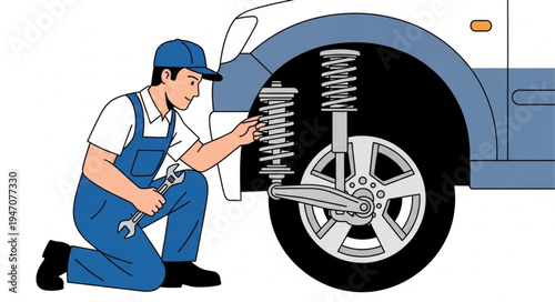 Mechanic repairing car suspension.