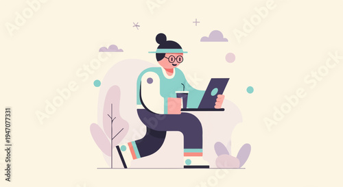 Person with laptop and drink, abstract art with muted colors and playful shapes