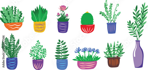 Vector collection of colorful potted houseplants and decorative indoor plants flat botanical illustration set with foliage flowers and cactus for home decor