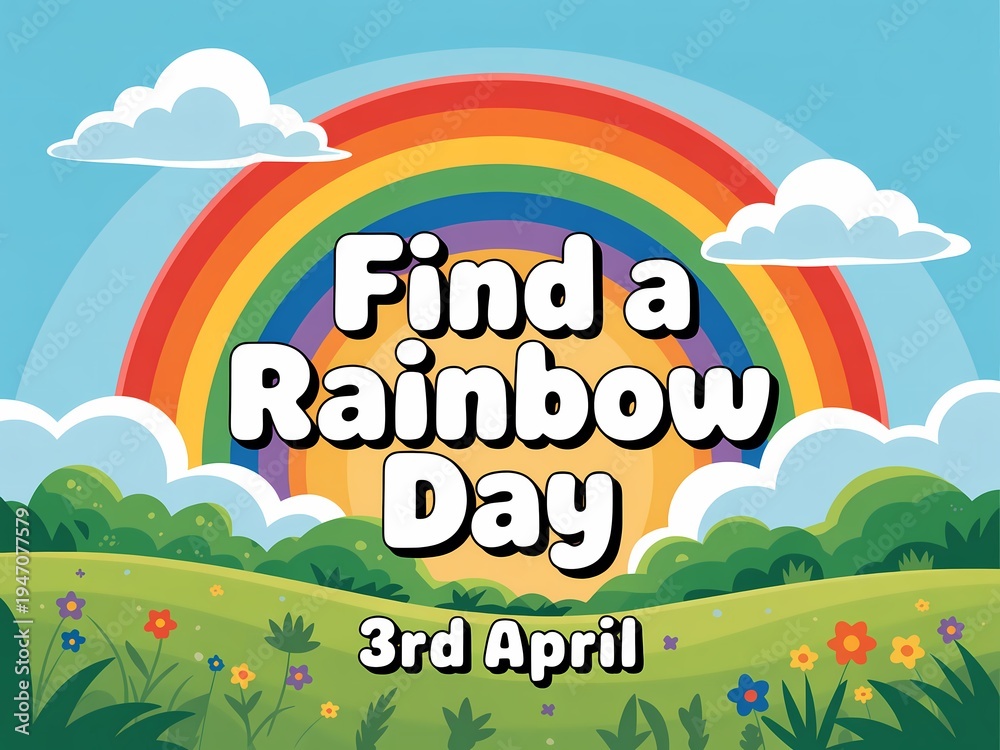 Fototapeta premium Colorful illustration celebrating find a rainbow day on april 3rd with vibrant rainbow and flowers