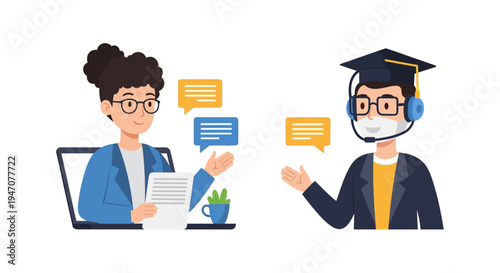 E-learning and Remote Tutoring: Student in Cap and Mask having a Virtual Consultation with Teacher on Laptop. Online Education Service Vector.