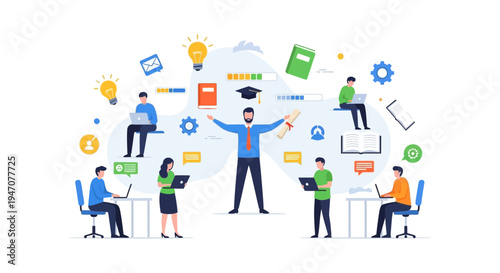 Digital Education and E-learning Platform: Mentor guiding students through online courses, professional development, and knowledge sharing flat vector illustration.
