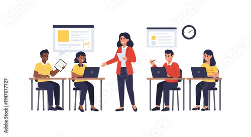 Business Training Seminar Illustration. Instructor Teaching Diverse Students in Classroom with Laptops, Professional Development Workshop.