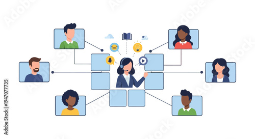Remote Work, E-learning, and Virtual Conference Network. Customer support agent connecting diverse team or students for online meeting and distance education.