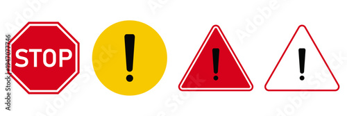 Set of warning and stop sign icons including red stop octagon, yellow exclamation mark and red white triangles, caution and danger symbols vector isolated on transparent background