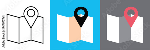 Set of map and location pin icons in diverse styles for navigation, travel, destination and GPS positioning, vector illustration isolated on transparent background