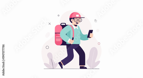 Animated delivery person with backpack and phone walks with enthusiasm