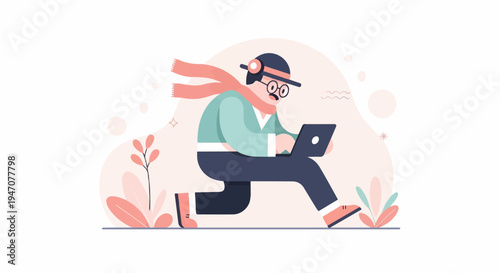 Animated person in hat and scarf hurrying with laptop