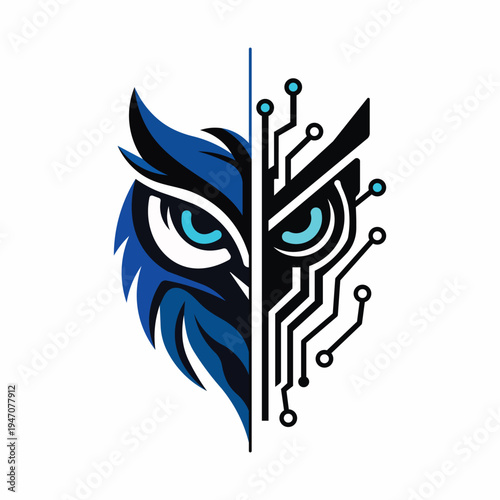 Cyber Owl Head Logo Concept with Half Digital Circuit Board for Artificial Intelligence and Technology