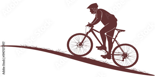 A person wearing a helmet and a backpack rides a bicycle down a steep hill.