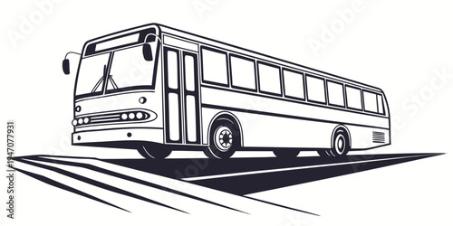 A detailed line drawing of a white bus with a black roof and windows