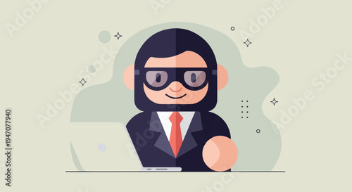 Stylized cartoon figure in suit and glasses using laptop