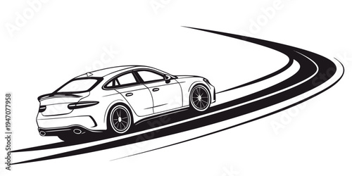 A sleek white sports car driving on a winding road with black racing stripes