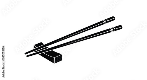 A black and white illustration of a pair of chopsticks resting on a chopstick rest