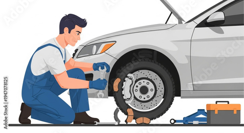 Mechanic repairing car tire.