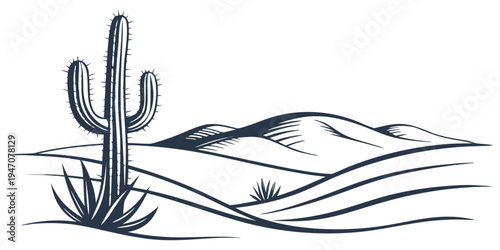 A tall cactus stands prominently in a desert landscape with rolling sand dunes.