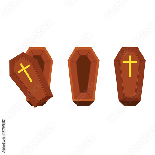 Three wooden coffins, one open and one without a lid
