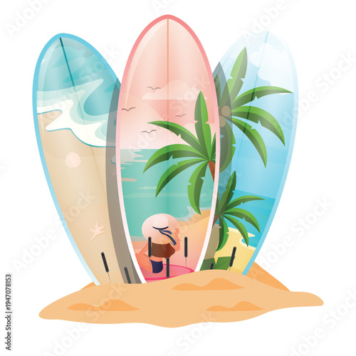 Three different surfboards in sand in flat style on white background