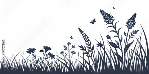 A serene field of grass with delicate flowers and fluttering butterflies in the wind