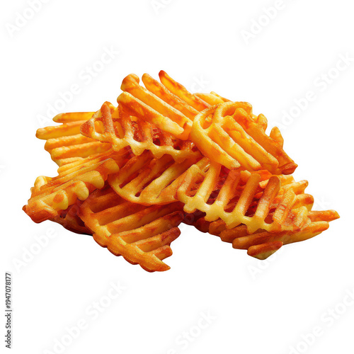 Crispy orange waffle cut potato fries pile isolated on a transparent background