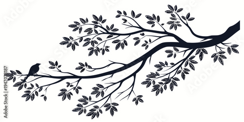 A delicate and intricate black and white illustration of a tree branch with leaves