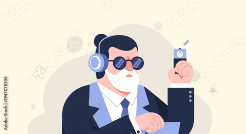 Bearded gentleman in suit and headphones holds a device with a screen