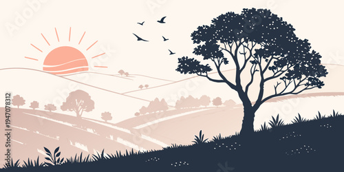 A serene landscape with a solitary tree and distant mountains under a starry sky