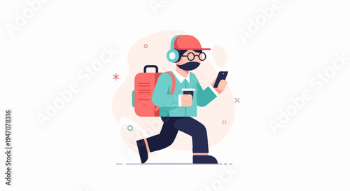 Animated person with backpack, headphones, and phone, holding coffee cup