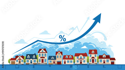 Real estate market growth concept showing a row of colorful houses with a blue arrow pointing upwards with a percentage sign symbol.