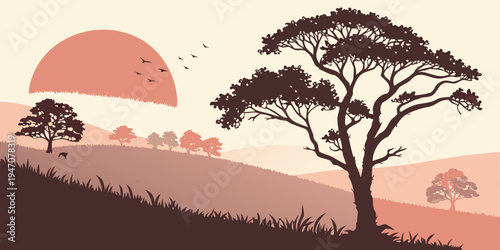 A serene landscape featuring a herd of elephants walking under a setting sun.