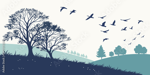 A flock of birds flying over a landscape with trees and a distant castle