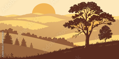 A serene landscape with a sun setting behind a large tree and a small village in the distance