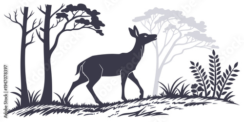 A majestic deer standing in a serene forest clearing with trees and foliage.