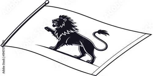 A majestic lion standing proudly with a flag waving in the background