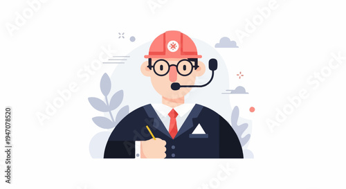 Cartoon man in hard hat, glasses, suit, and headset taking notes