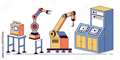 Robots and machinery in a factory setting with various equipment and tools