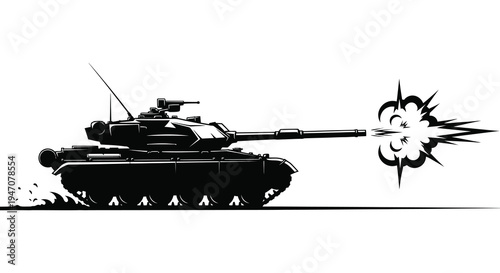 Black and white illustration of a tank firing with an explosion and ground disturbance