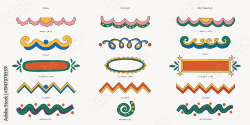 Frame decoration background set. Cute wavy lace and curly wedding decor. Vector hand drawn oval, round and rectangle vintage border set. Elegant classic line decorations with zigzag and whimsy edges..