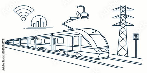 Modern high-speed train traveling through countryside with power lines and wireless signals