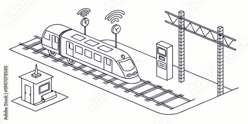 A whimsical train station with a train, people, and a clock tower