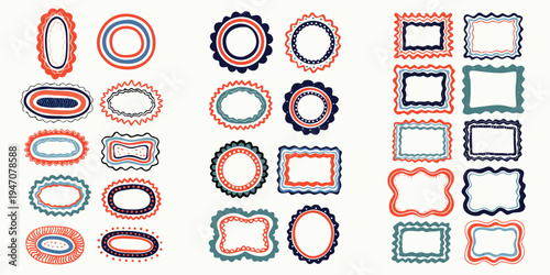 Frame decoration background set. Cute wavy lace and curly wedding decor. Vector hand drawn oval, round and rectangle vintage border set. Elegant classic line decorations with zigzag and whimsy edges..