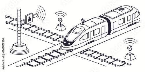 A detailed illustration of a bullet train traveling on a railway track with signals.