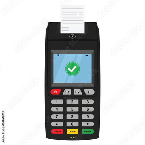 POS terminal with approved ticket illustration flat design
