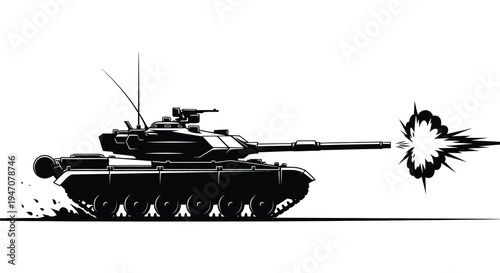 Black and white illustration of a tank firing with an explosion depicted
