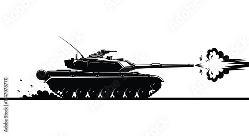 Black and white illustration of a tank firing its main gun with an explosion